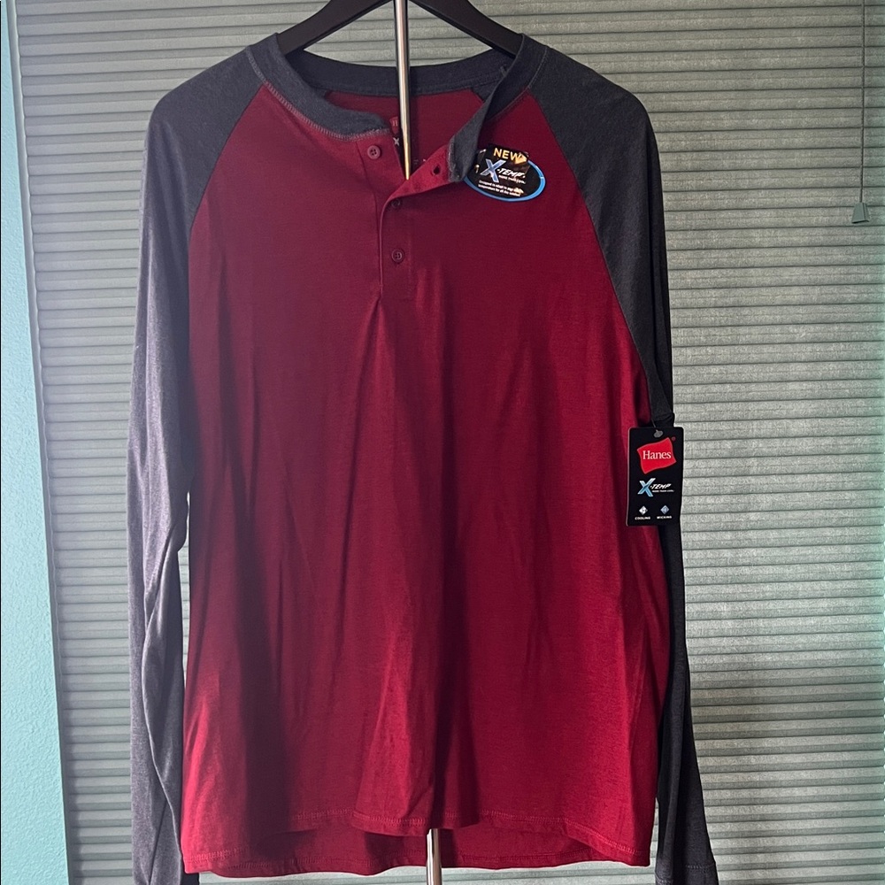 Hanes Men's Burgundy Body with Charcoal Raglan Long-Sleeve Henley